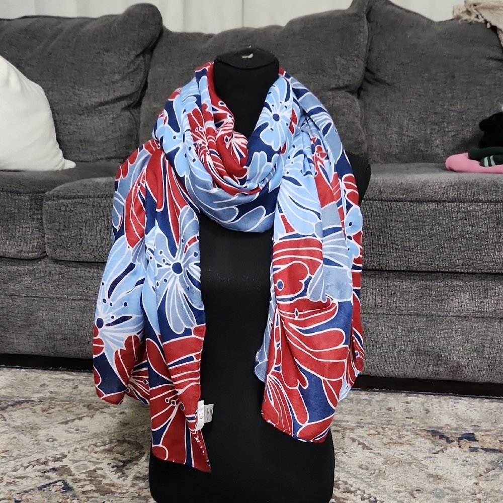 C Floral Blue and Red Long Scarf Wrap Small Snag